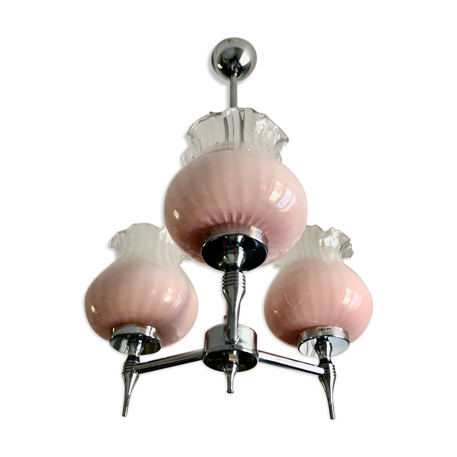 Chandelier 3 fires chrome and corollas of pink glass 1970