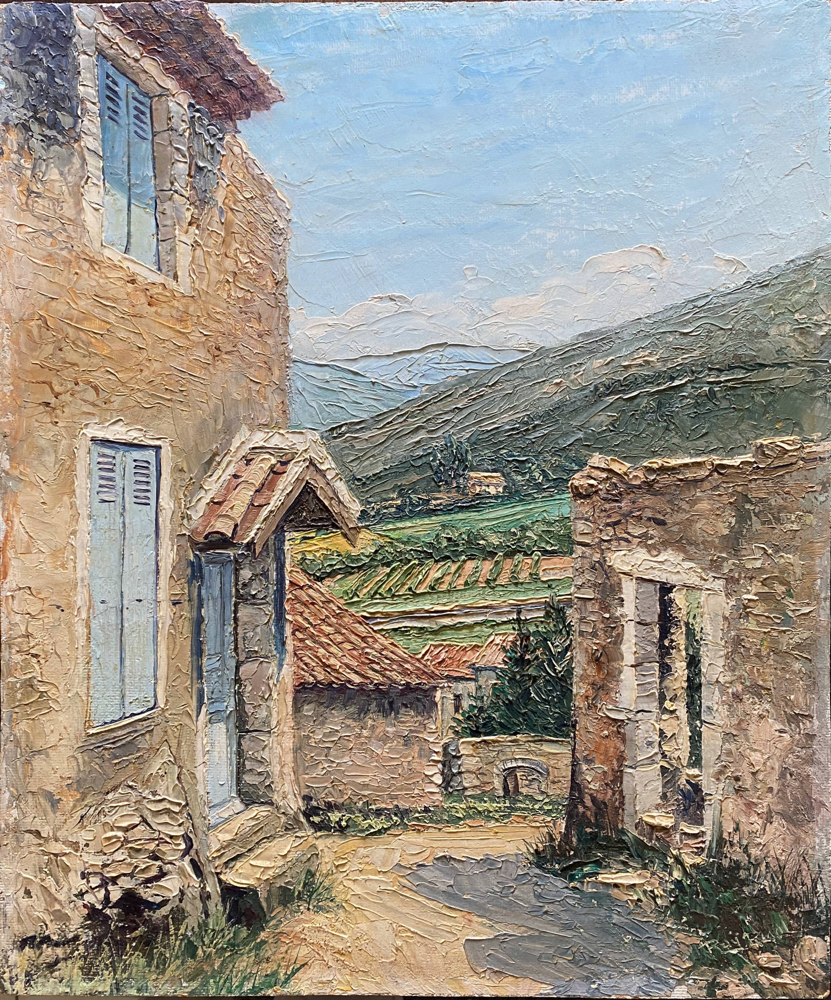 Hsp painting "view of mirmande" drôme, village and vineyard signed raymond rigal