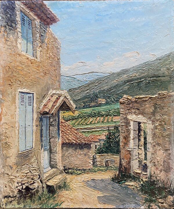 Tableau hsp ''vue de mirmande'' drôme, village et vigne signé raymond rigal