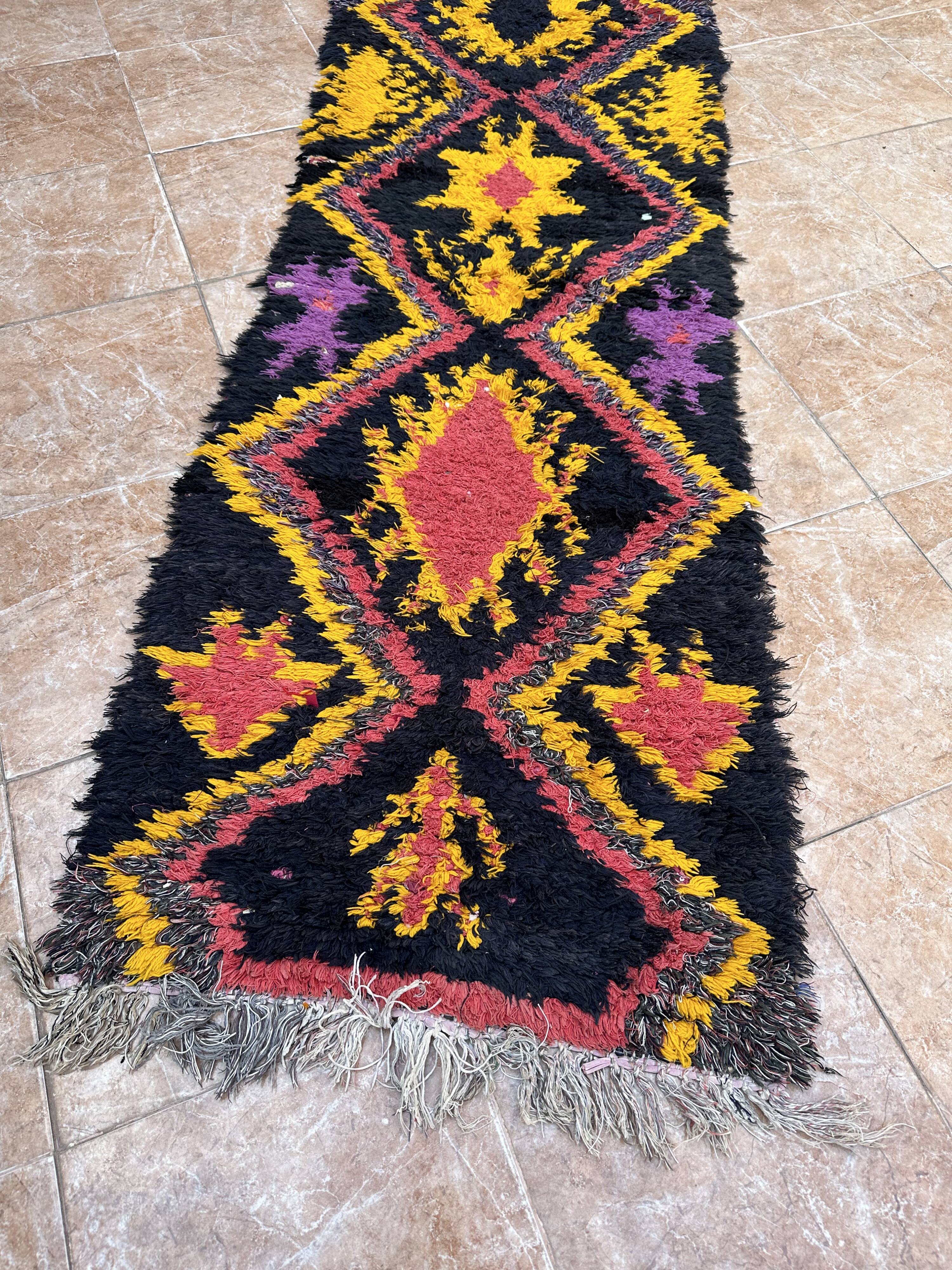 Tapis de couloir Boucherouite vintage tissé à la main, Maroc