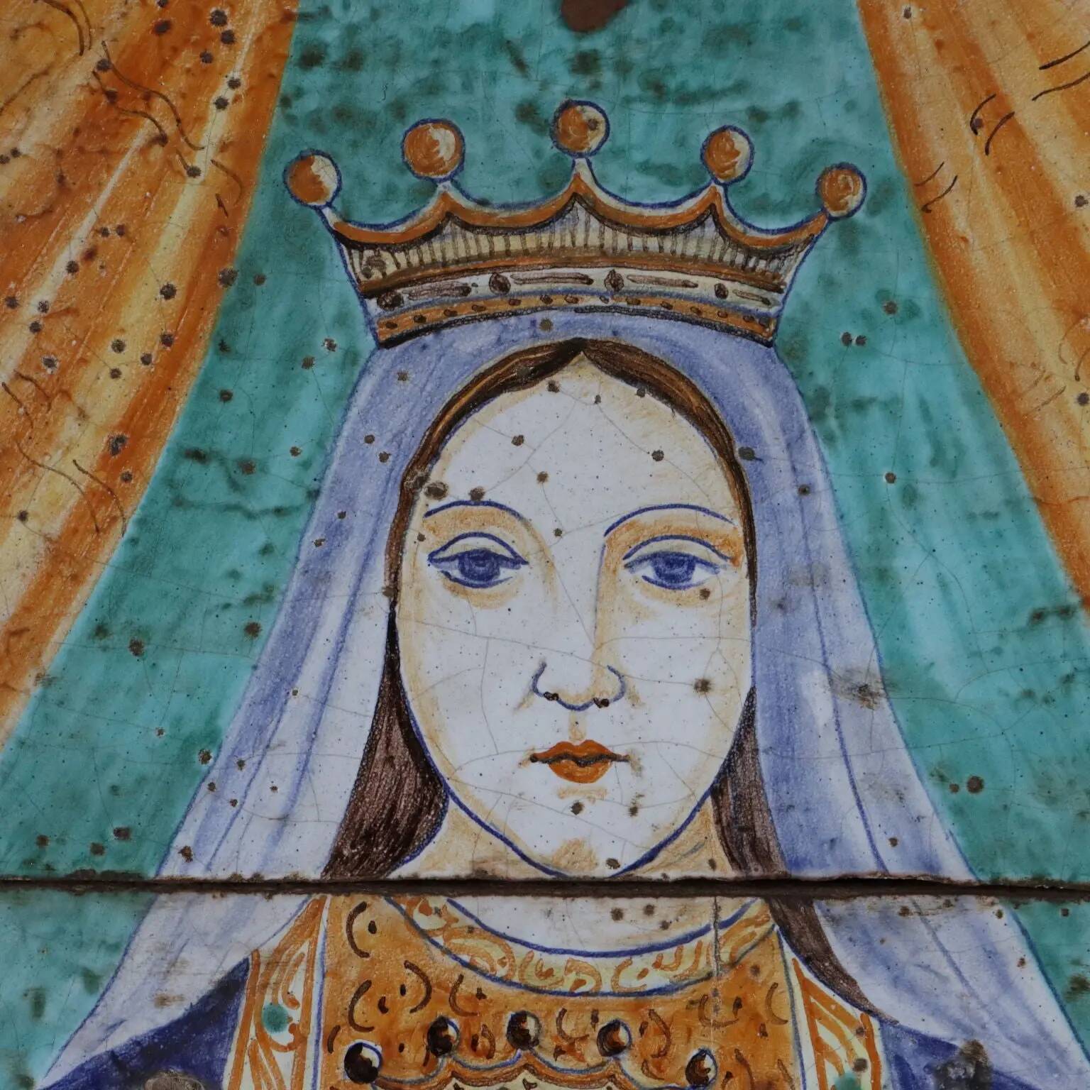 Ancient majolica painting on wood, religious subject, Italy 20th century.