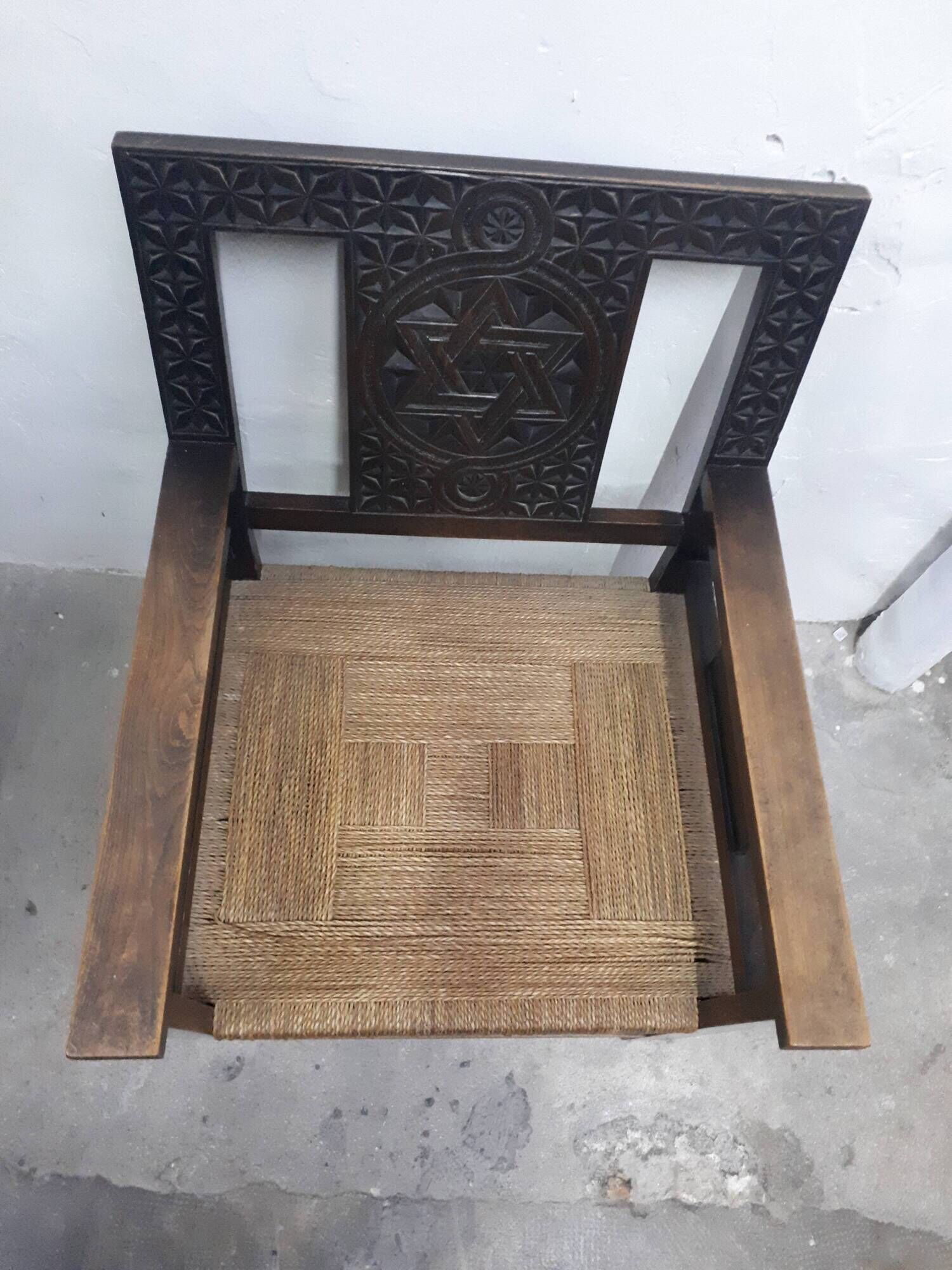 Pair of carved solid wood armchair and vintage rope 1950