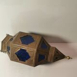 Oriental style hanging lantern in brass and dark blue glass