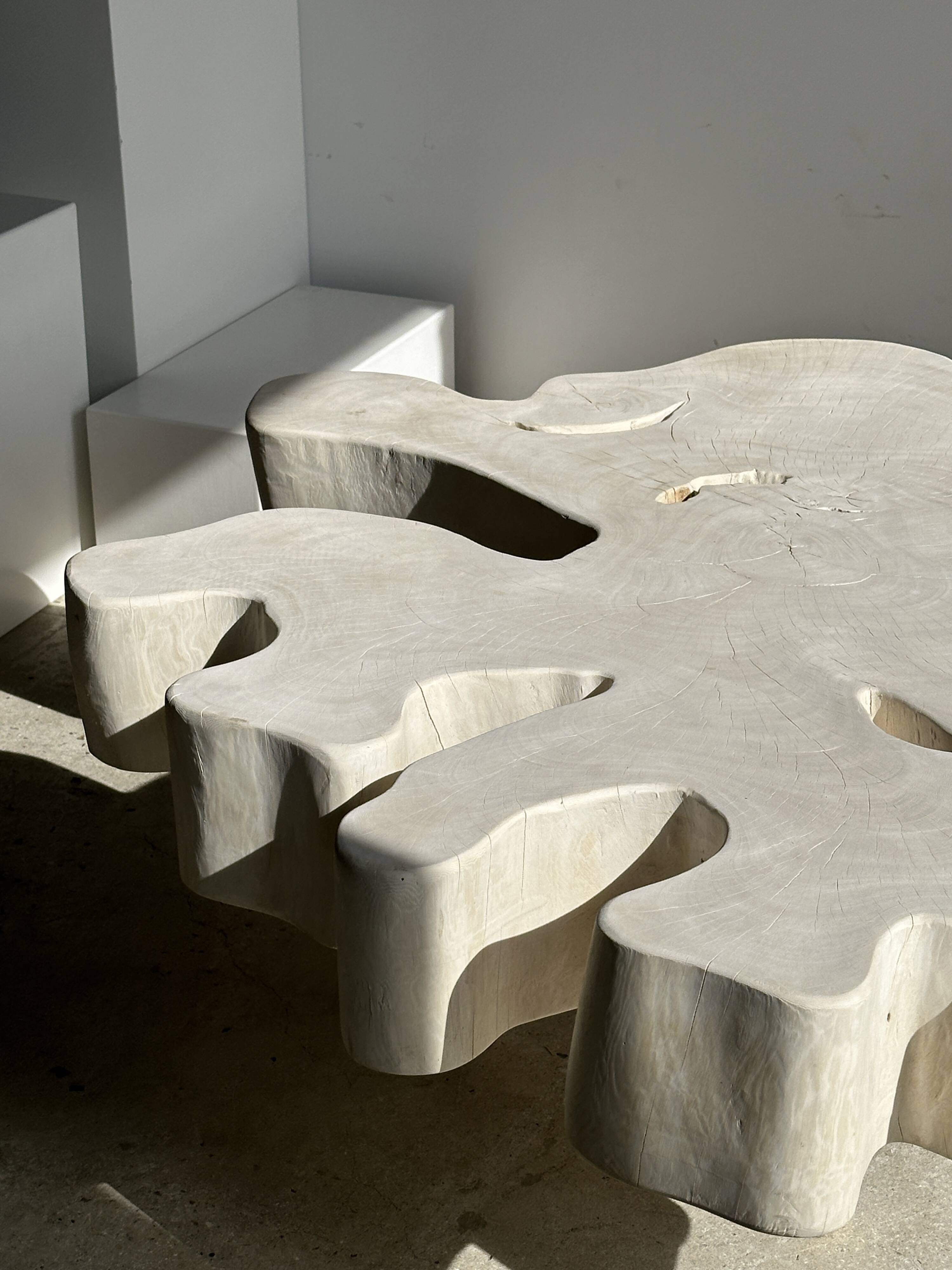 Very large whitewashed mango coffee table with an organic top D:140cm