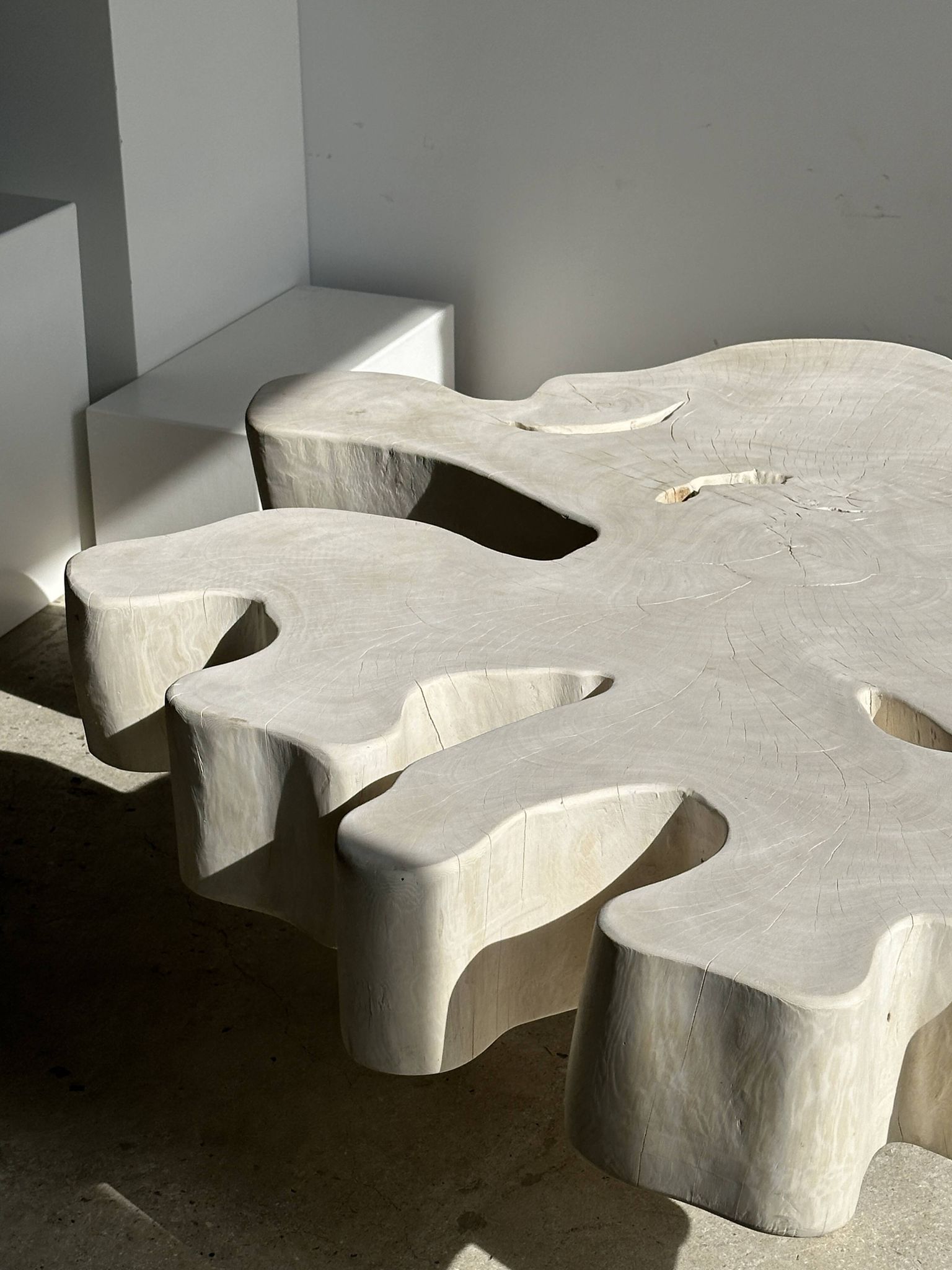 Très grande table basse en manguier blanchi plateau organique D:140cm