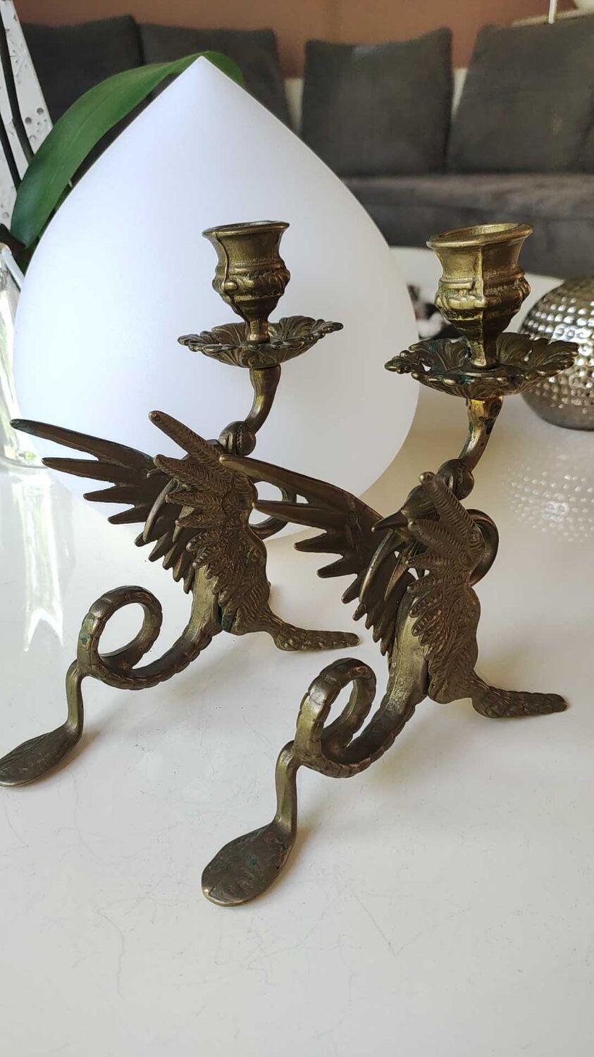 Pair of bougeoirs antiques dragons winged / chimeras / phoenix, style napoleon iii, 19th. in gilded bronze