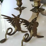 Pair of bougeoirs antiques dragons winged / chimeras / phoenix, style napoleon iii, 19th. in gilded bronze