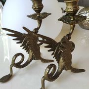 Pair of bougeoirs antiques dragons winged / chimeras / phoenix, style napoleon iii, 19th. in gilded bronze