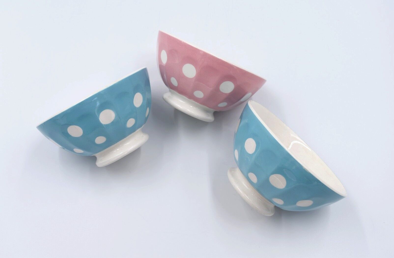 3 small vintage bowls digoin sarreguemines with polka dots pastel colors pink blue