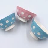 3 small vintage bowls digoin sarreguemines with polka dots pastel colors pink blue