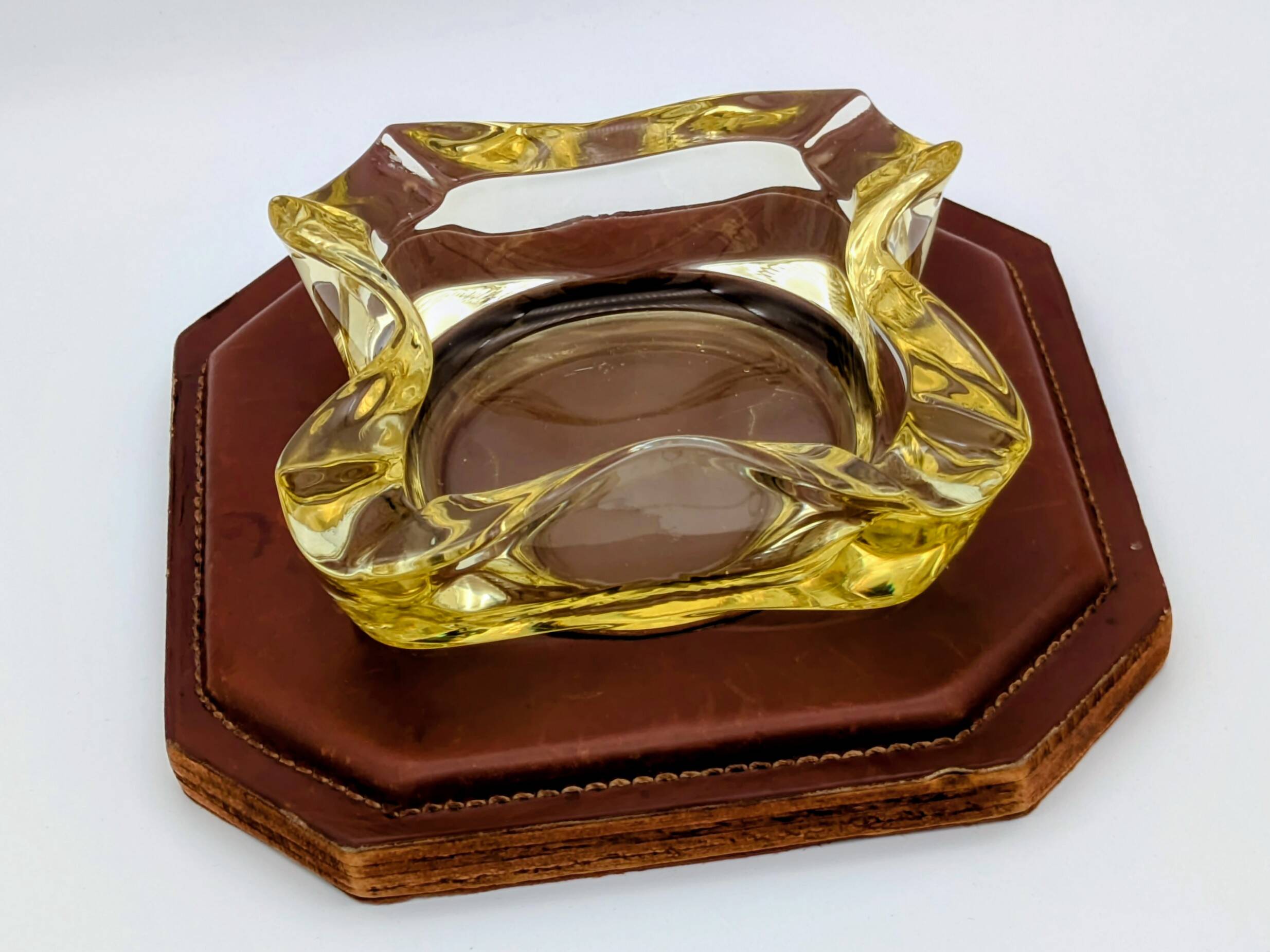 Ashtray / Catch-all Mid-Century Solid Glass Murano Style & Leather 1960