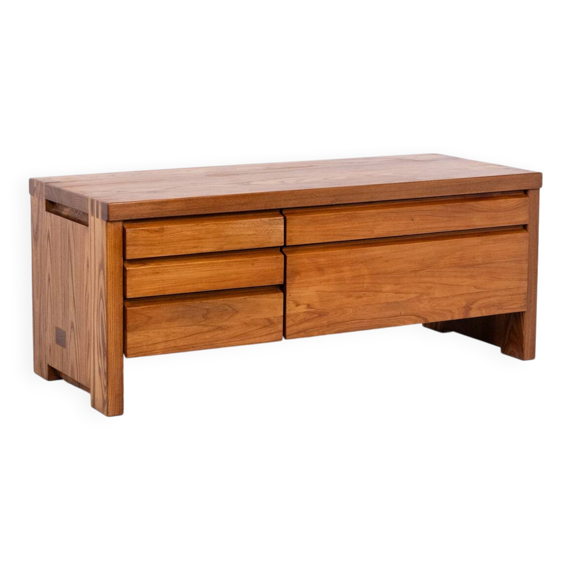 Pierre Chapo. Low chest of drawers in blond elm. Circa 1970.