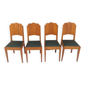 Lot de 4 chaises vintage bois dossier pétales bois assise vinyle vert