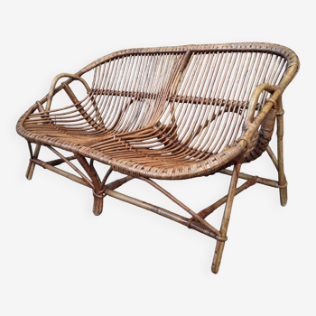Vintage rattan and bamboo bench