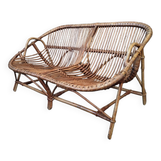 Vintage rattan and bamboo bench