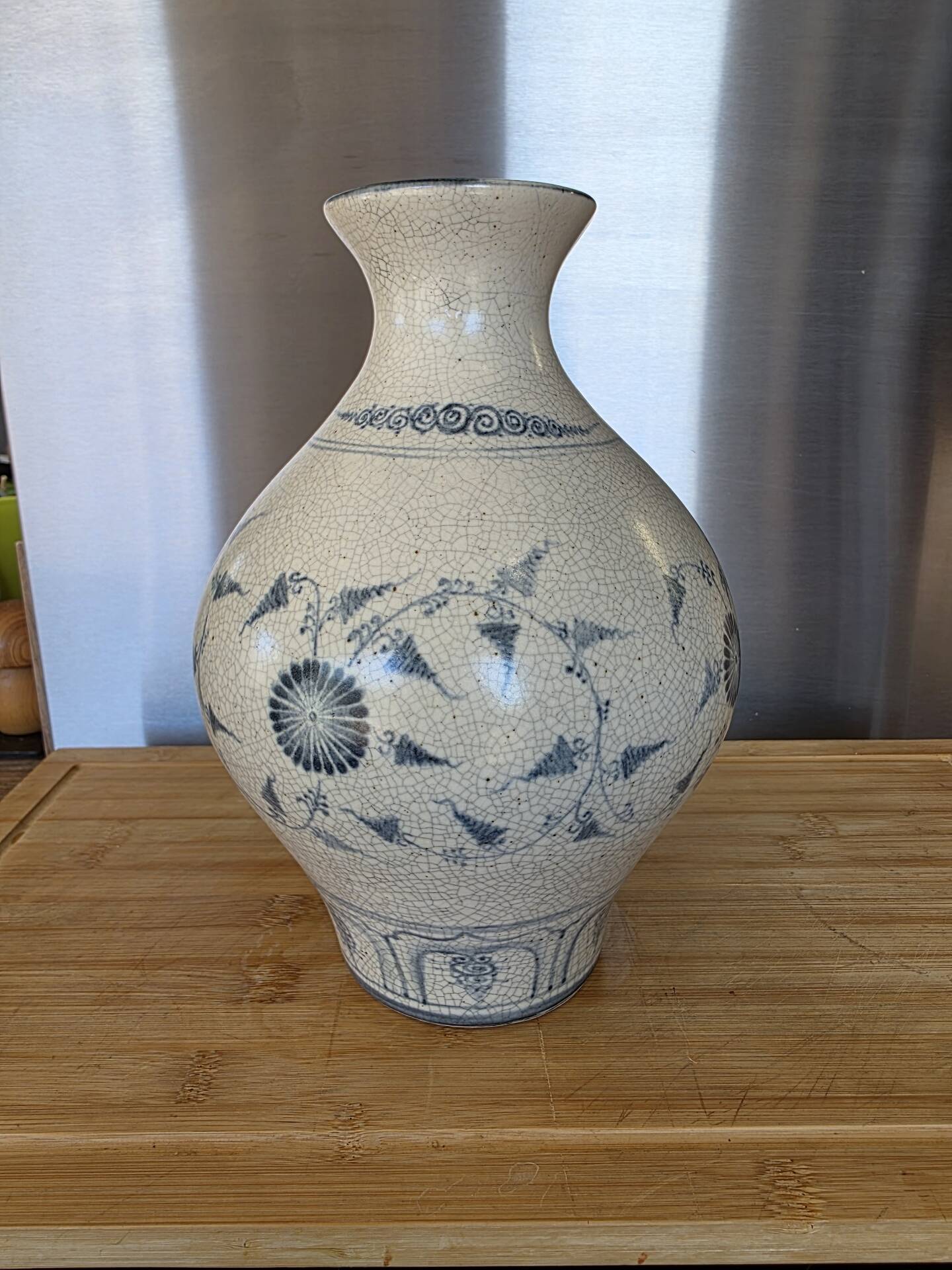 Large Cracked Blue & White Ceramic Vase Asian/Chinese Style