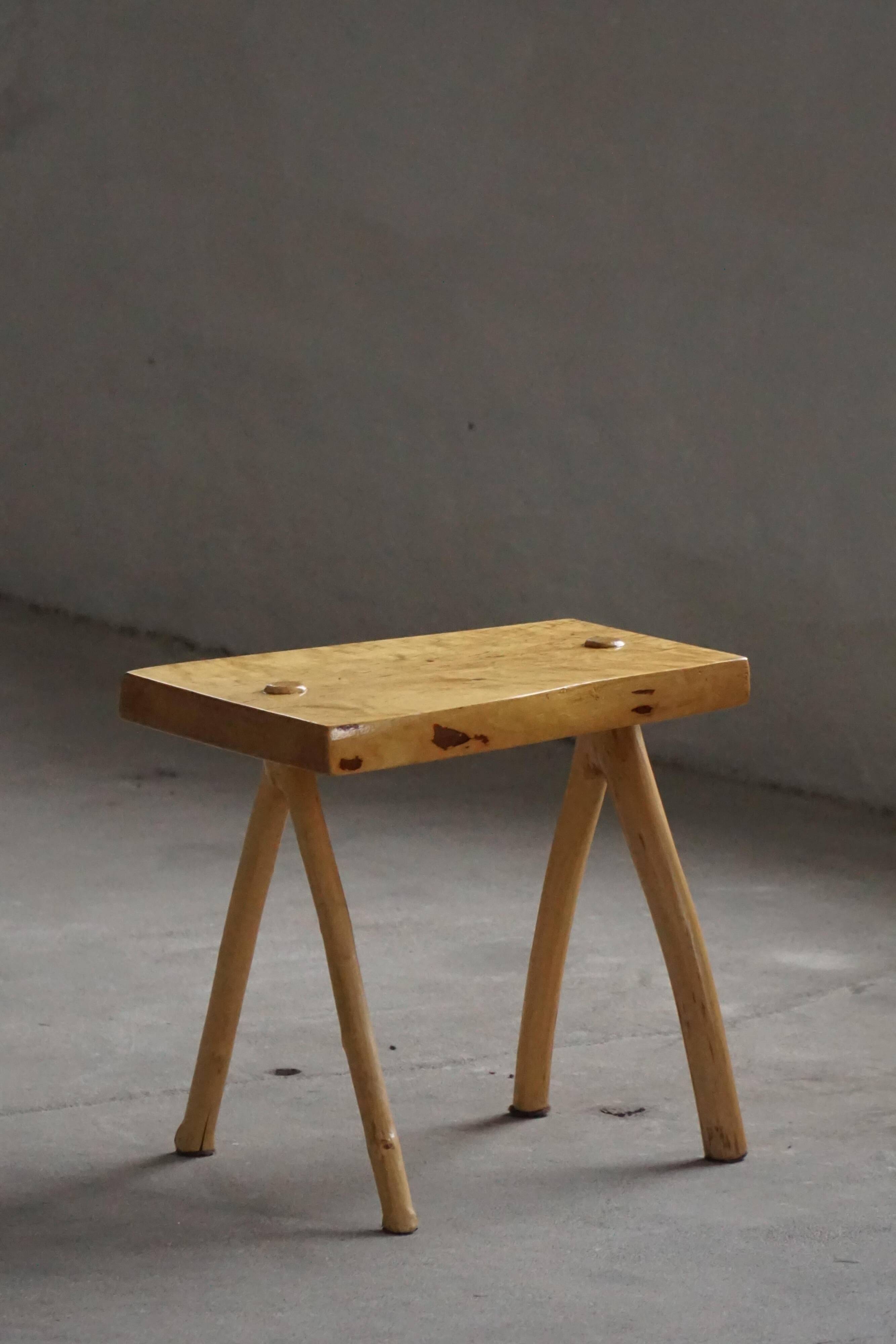 Wabi-Sabi stool in handmade birch, modern Scandinavian style, 1960s.