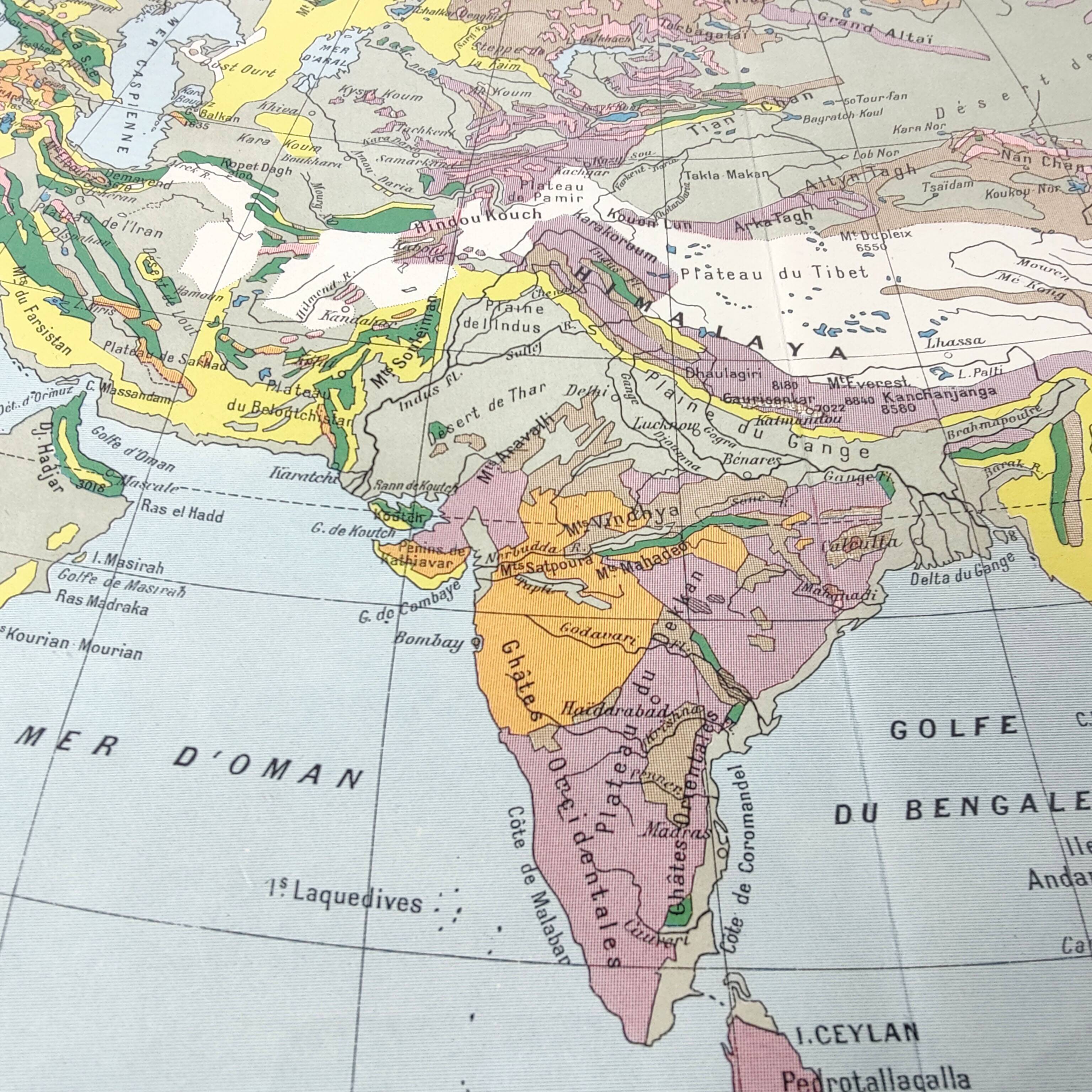 Vintage map Asia China USSR India Japan 43x43cm from 1950