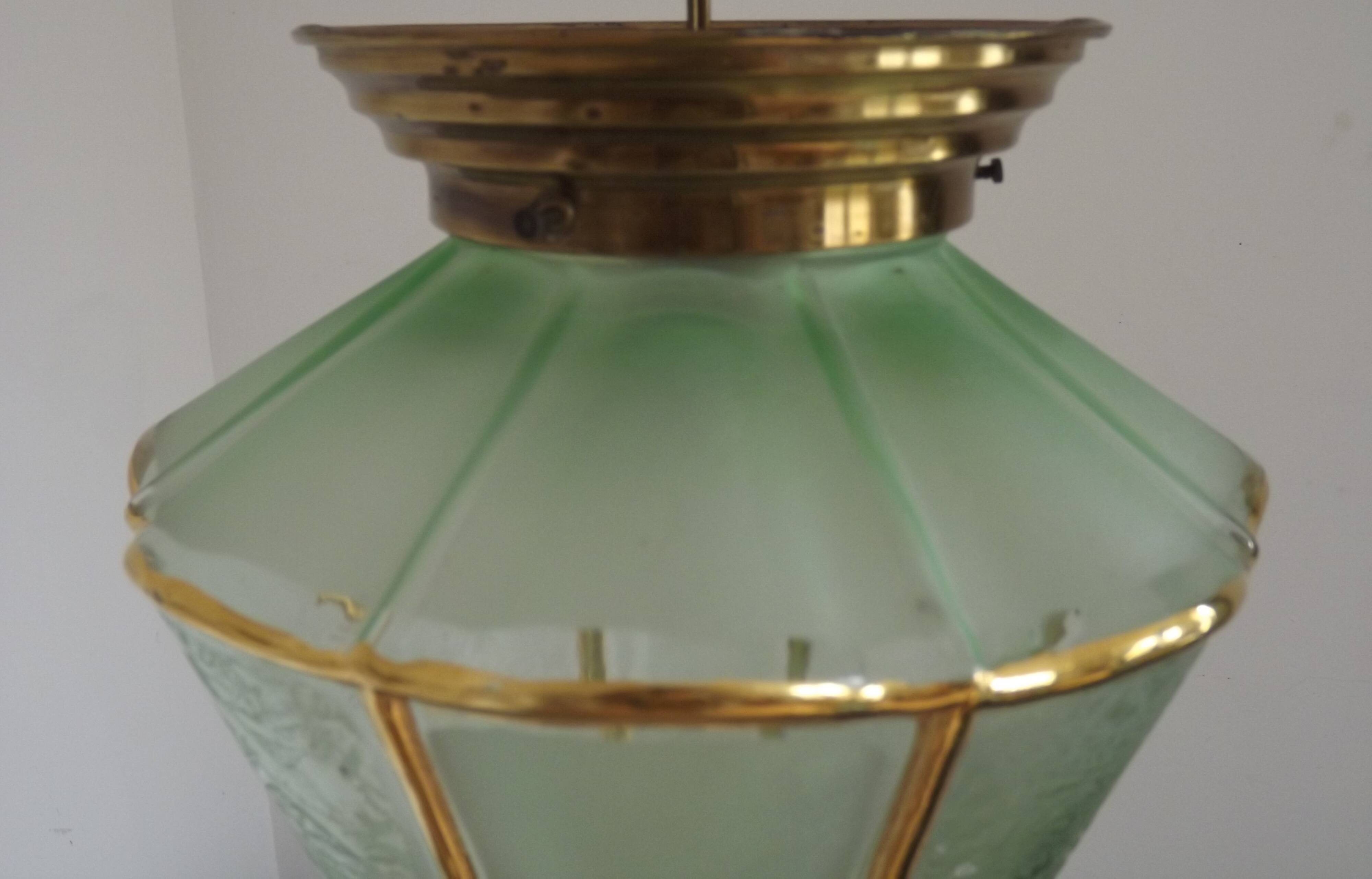 French Vintage Art Deco Glass Ceiling Light Green Frosted & Patterned Glass