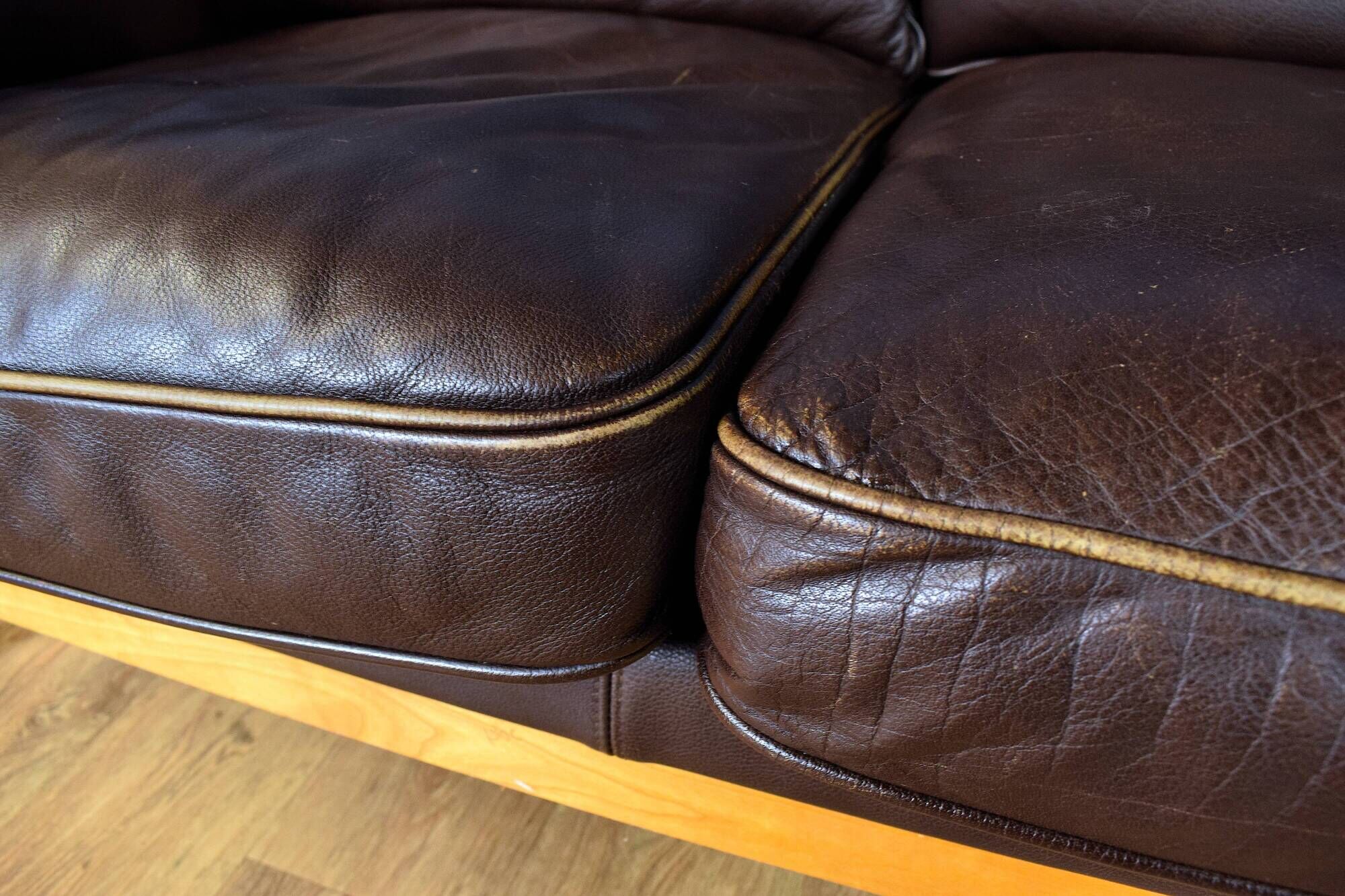 Stouby brown leather & cherry wood 3 seat sofa 1970s