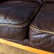 Stouby brown leather & cherry wood 3 seat sofa 1970s