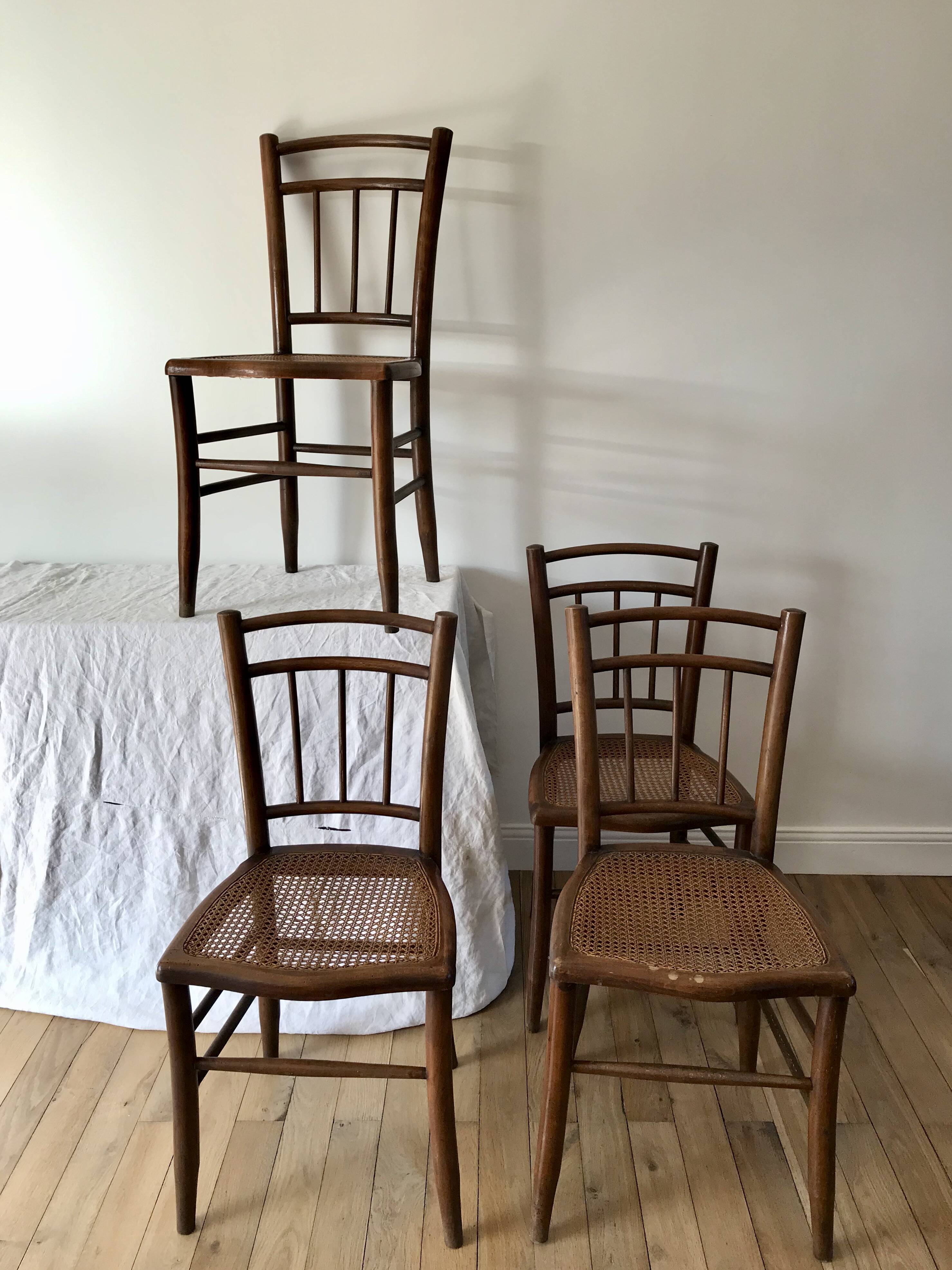 set of 4 bistro chairs in turned wood and canework stamped early 20th century