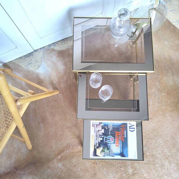 Tables gigogne laiton verre fumé et miroir