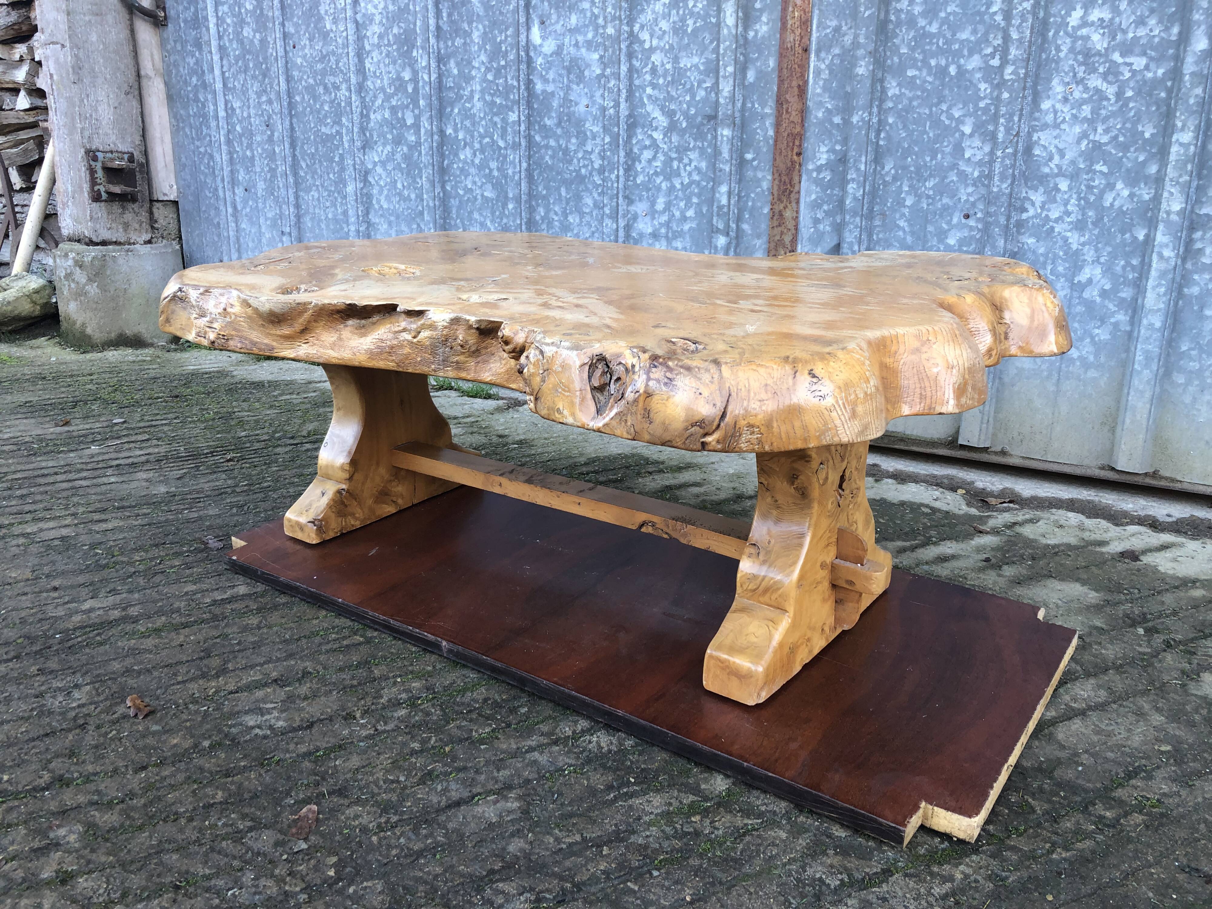 Handcrafted Brutalist coffee table in solid elm