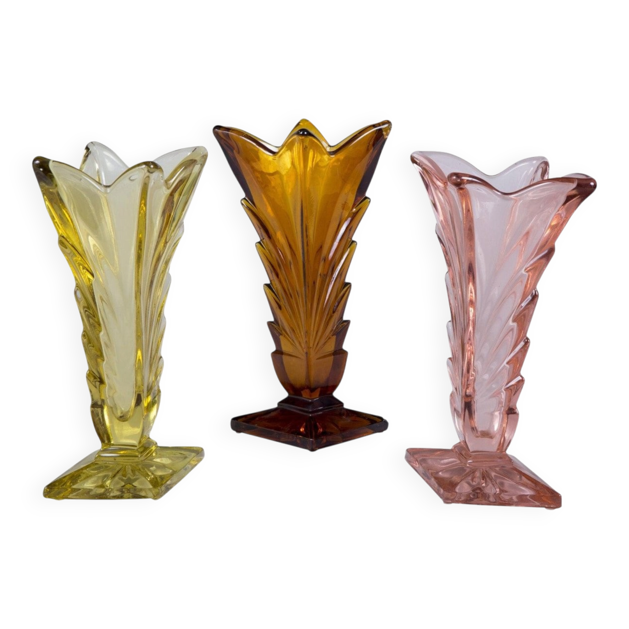 Art Deco Pink, Yellow and Orange Glass Vases, Bohemia, Set of 3