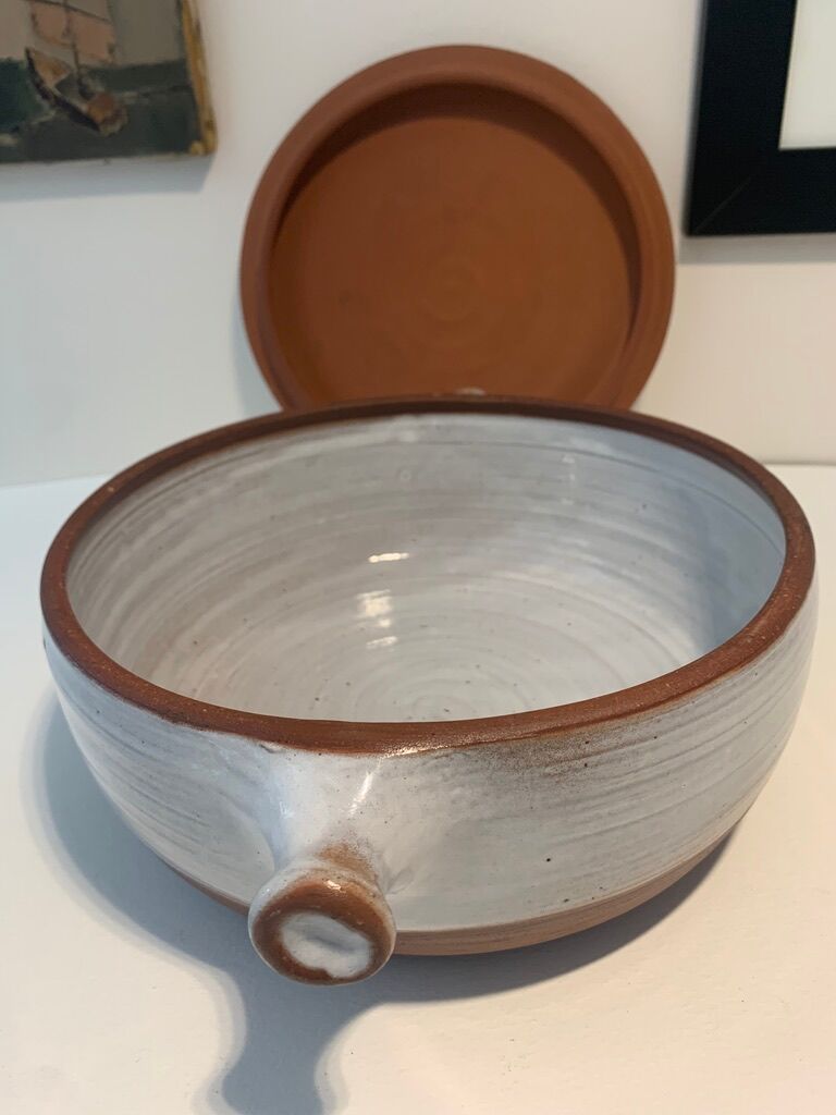 LARGE COVERED DISH SANDSTONE BY PUISAYE JEANNE AND NORBERT PIERLOT 1960