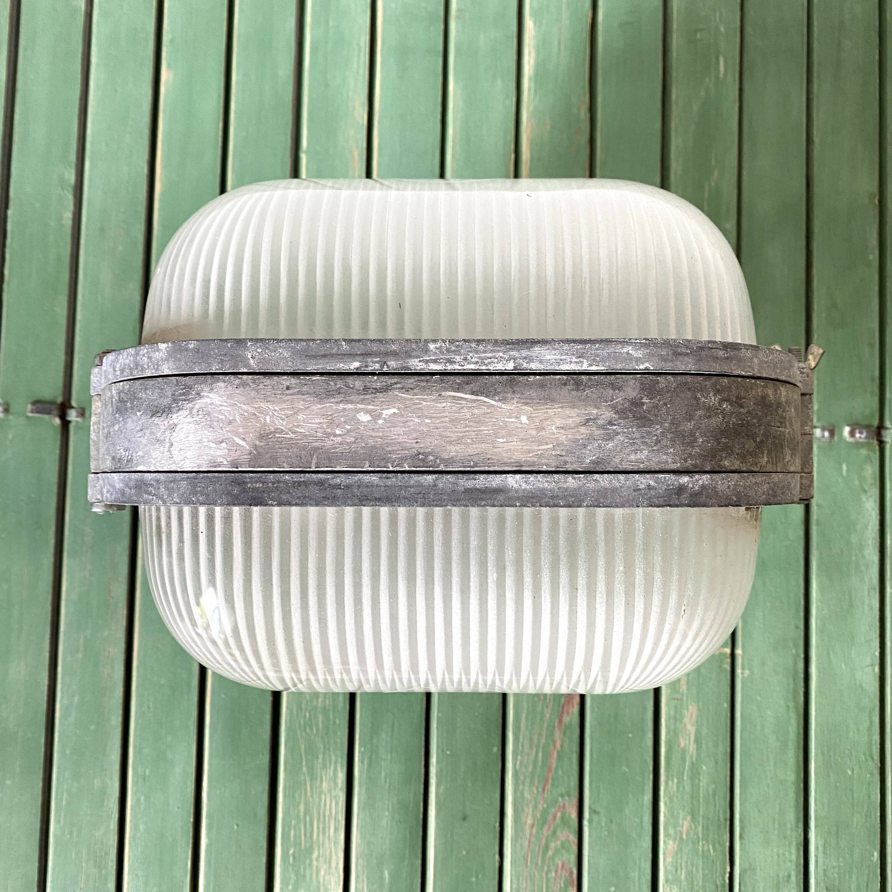 Vintage industrial double porthole applique, Holophane glass, rare model.