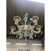 Contemporary Venetian Transparent-Gold Murano Style Glass Chandelier With Leaves and Turquoise Flowe