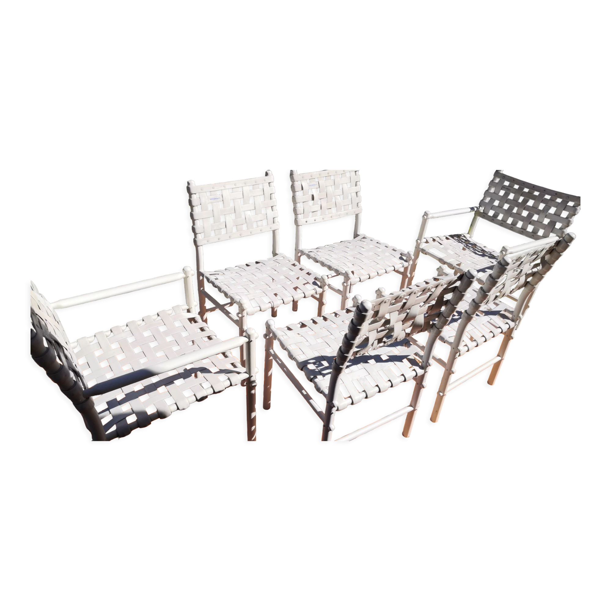 4 chairs & 2 vintage woven lounge armchairs triconfort, 1980 France