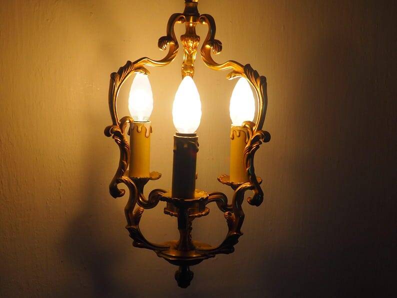 French Bronze Birdcage Chandelier: Louis XV Style 3-Branch Light