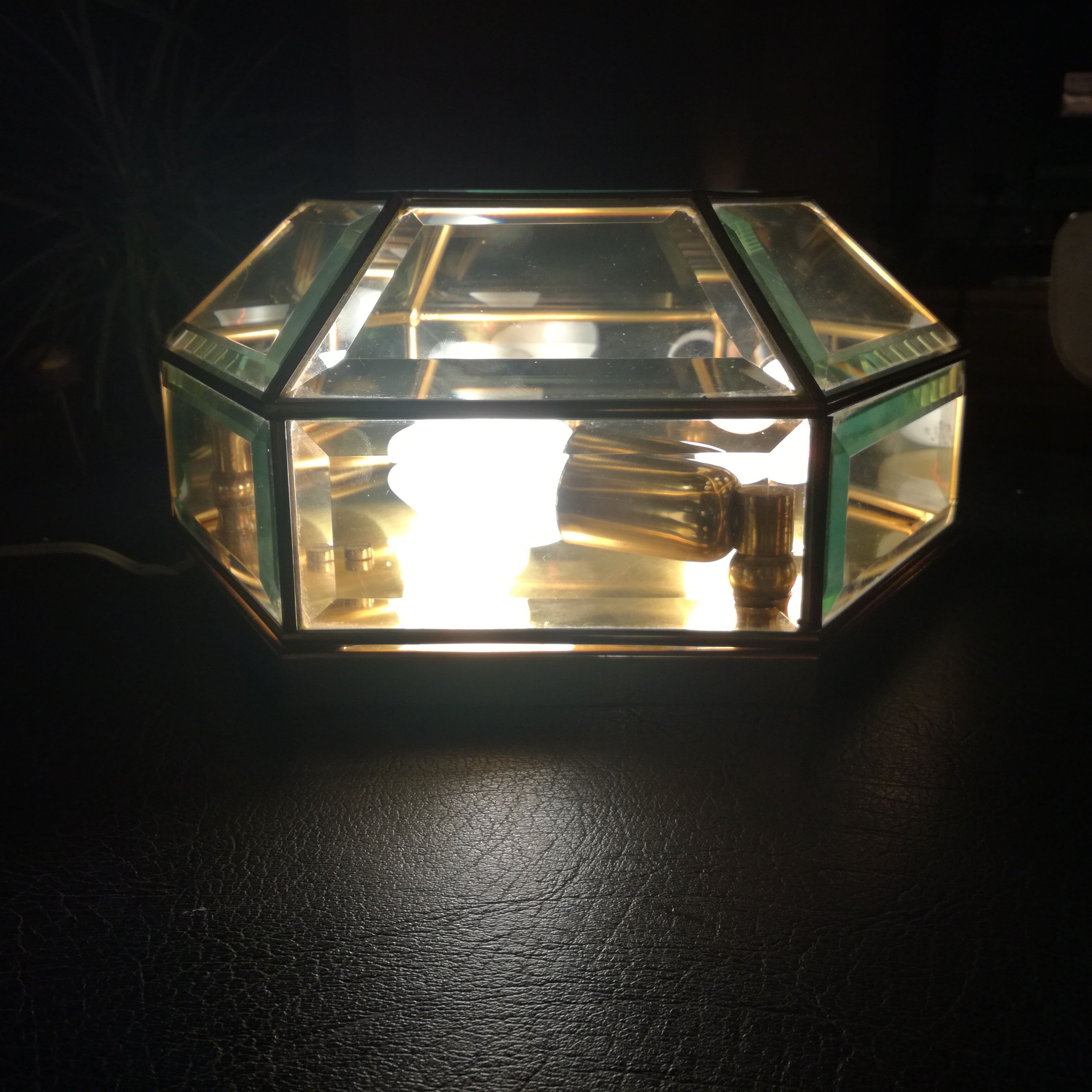 Hexagonal brass and bevelled glass ceiling light