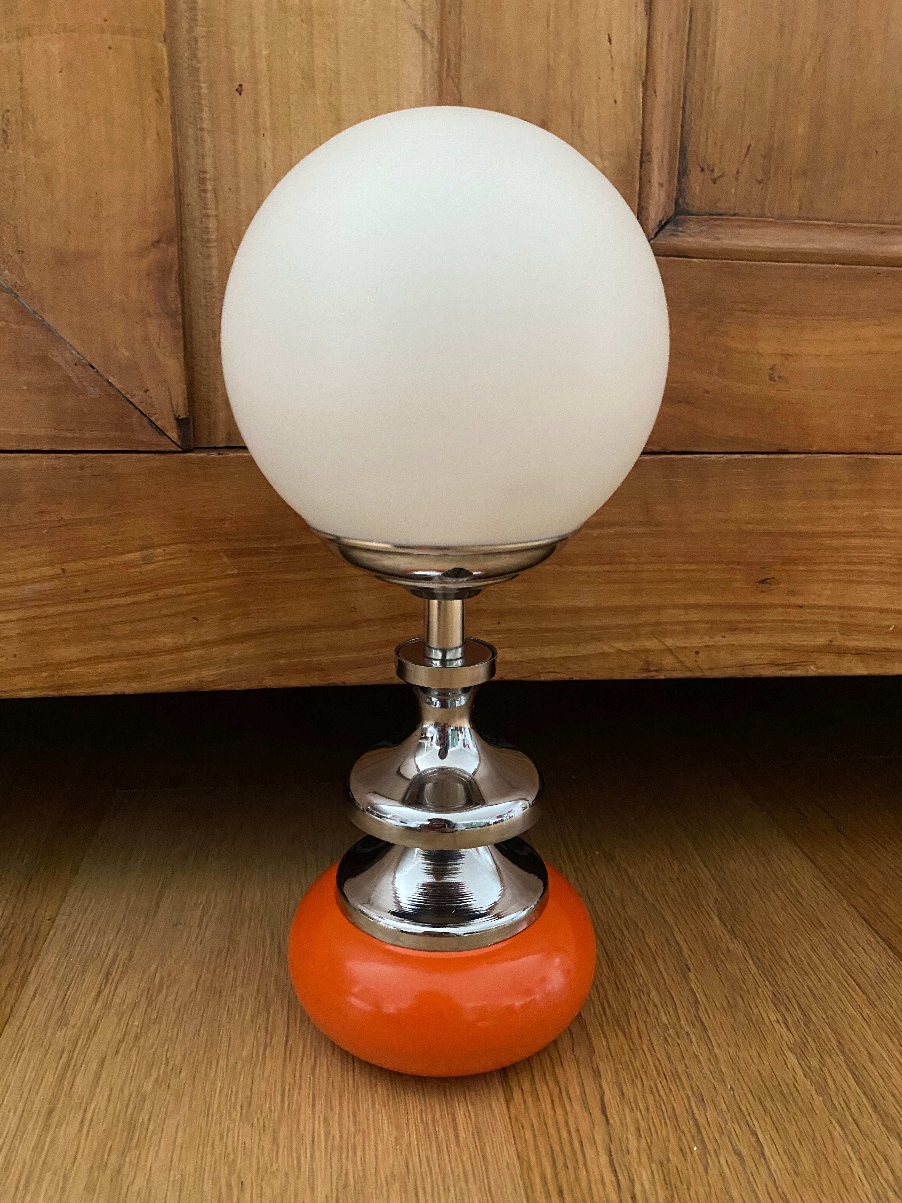 Vintage lamp opaline globe, wood turned orange and chrome 60s 70s