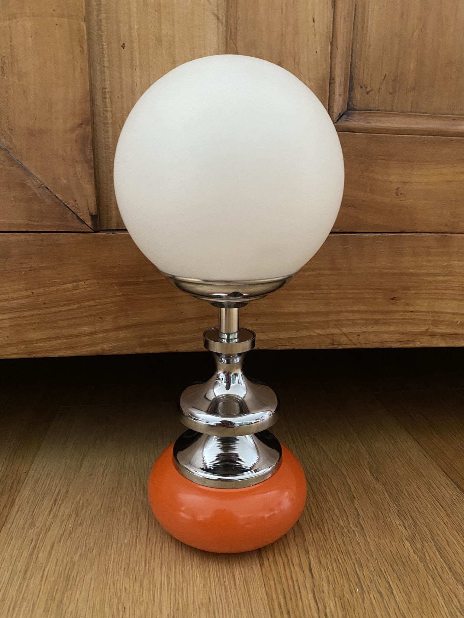 Vintage lamp opaline globe, wood turned orange and chrome 60s 70s