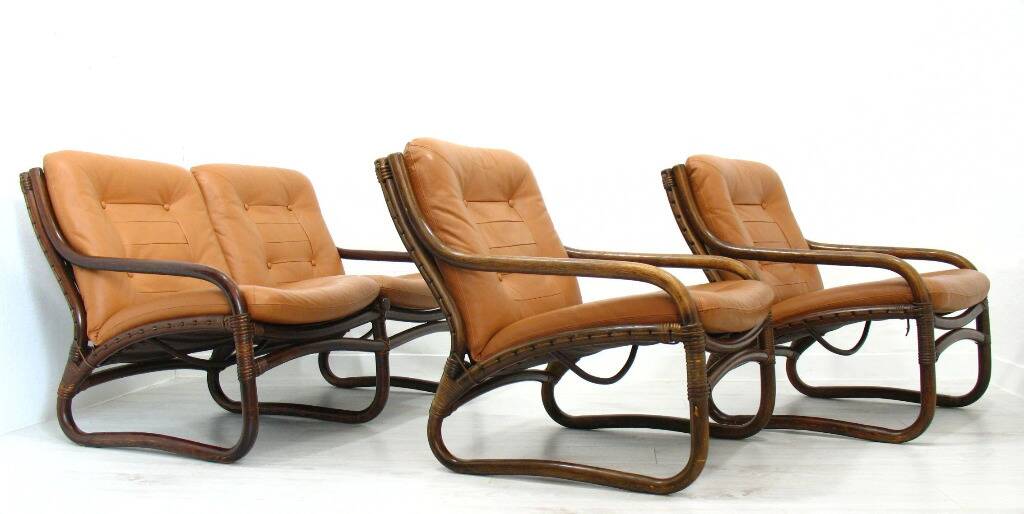 Italian Bamboo, Rattan, and Leather Living Room Set, 1970s