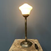 Standing copper table lamp with glass shade