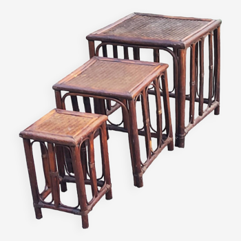 Set de 3 tables gigognes en bambou et rotin des années 70