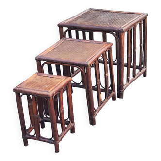 Set of 3 nesting tables in bamboo and rattan from the 70s