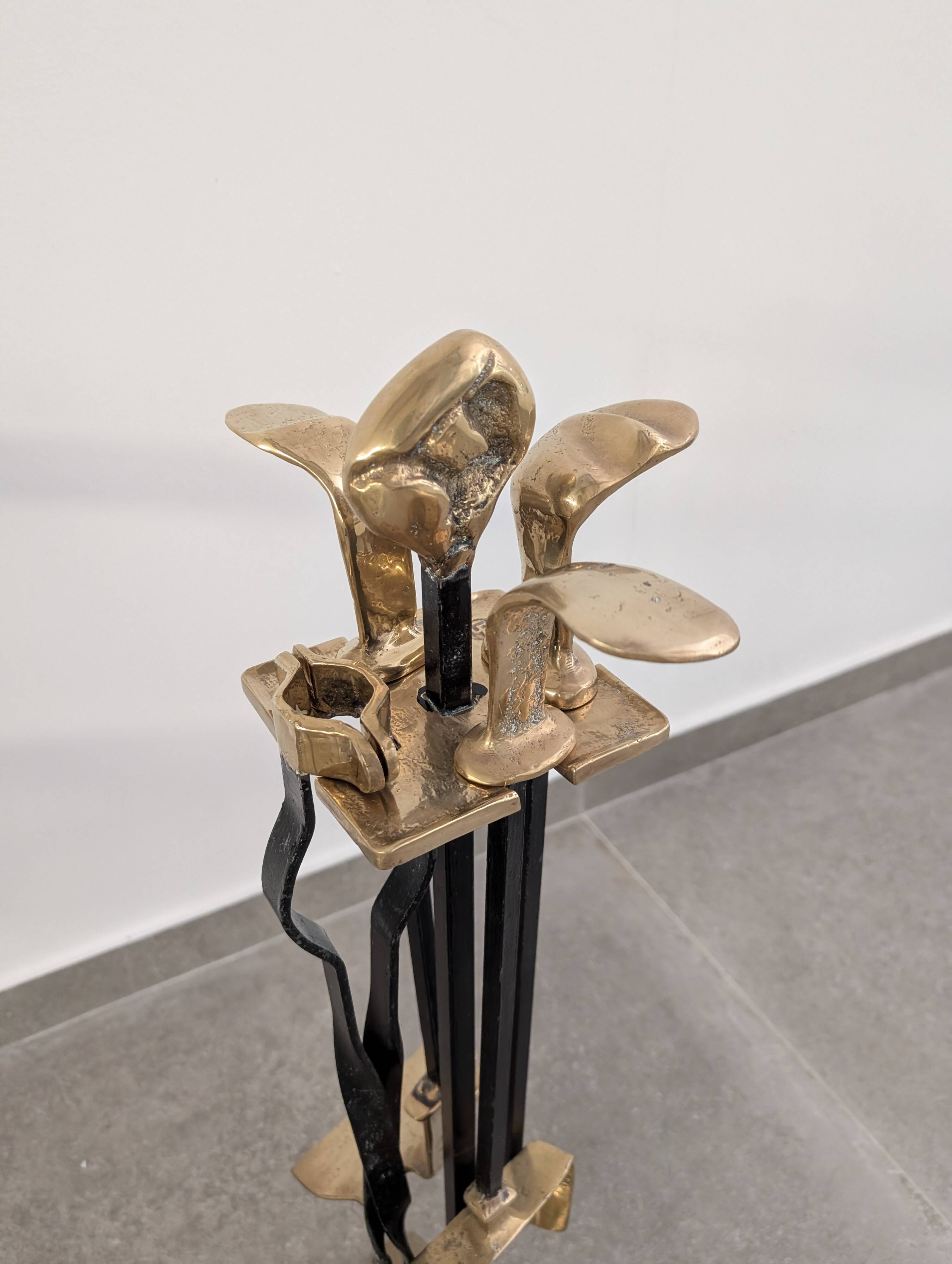 Brutalist iron and brass fireplace set by David Marshall, 1970s