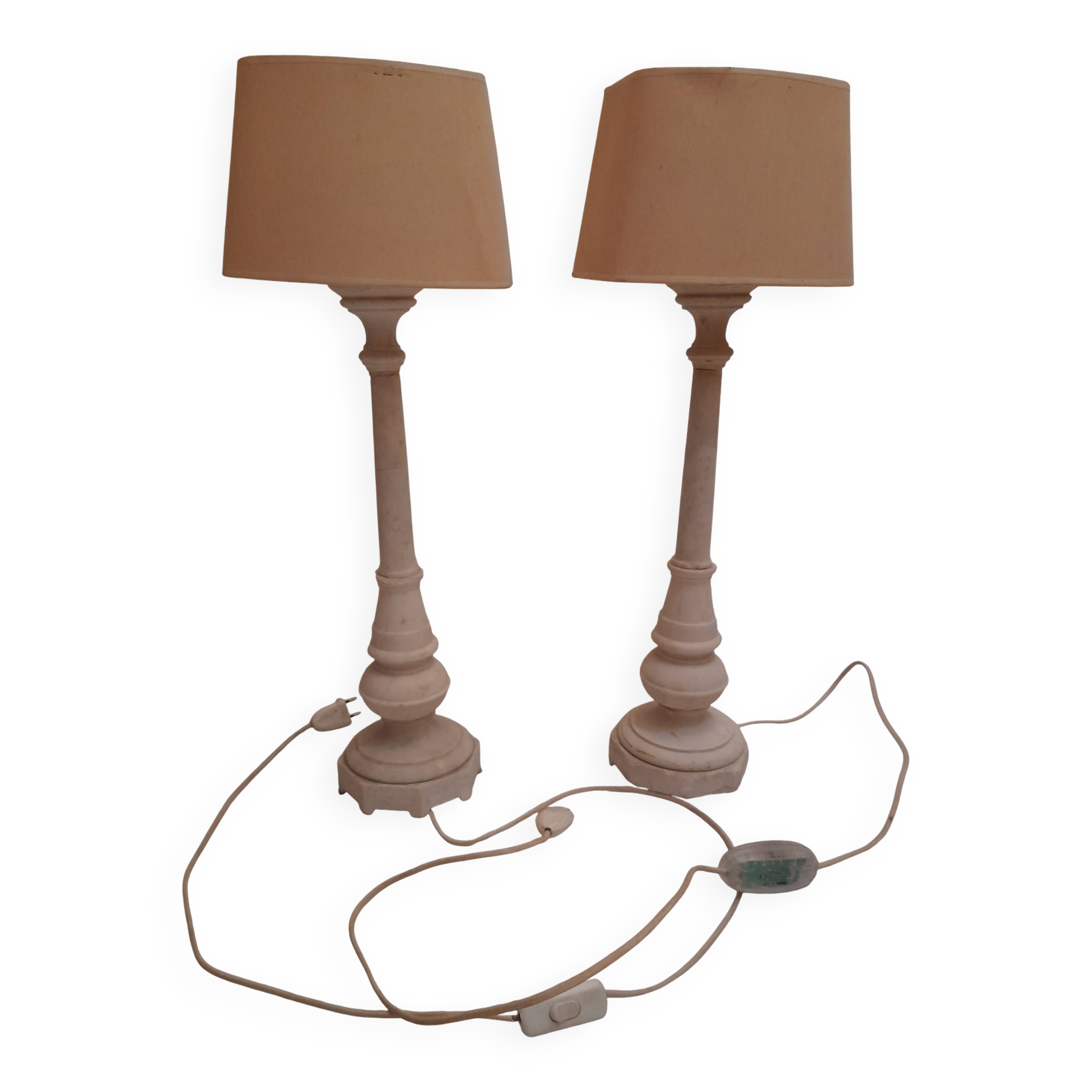 A pair of antique desk lamps with white marble bases