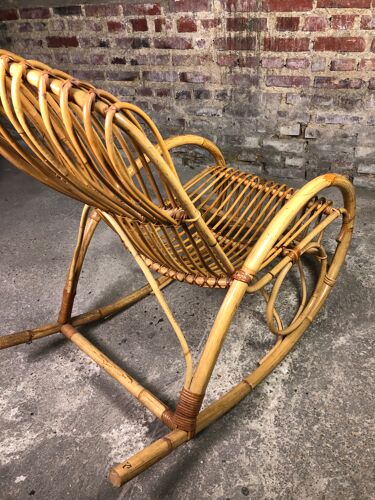 Rocking chair en rotin et bambou Rohé Noordwolde vintage 1960