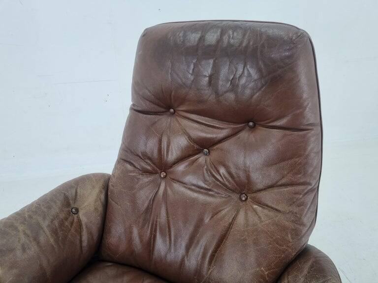 Midcentury Swivel Leather/Wood Armchair Göte Möbler Nässjö, Sweden, 1960s