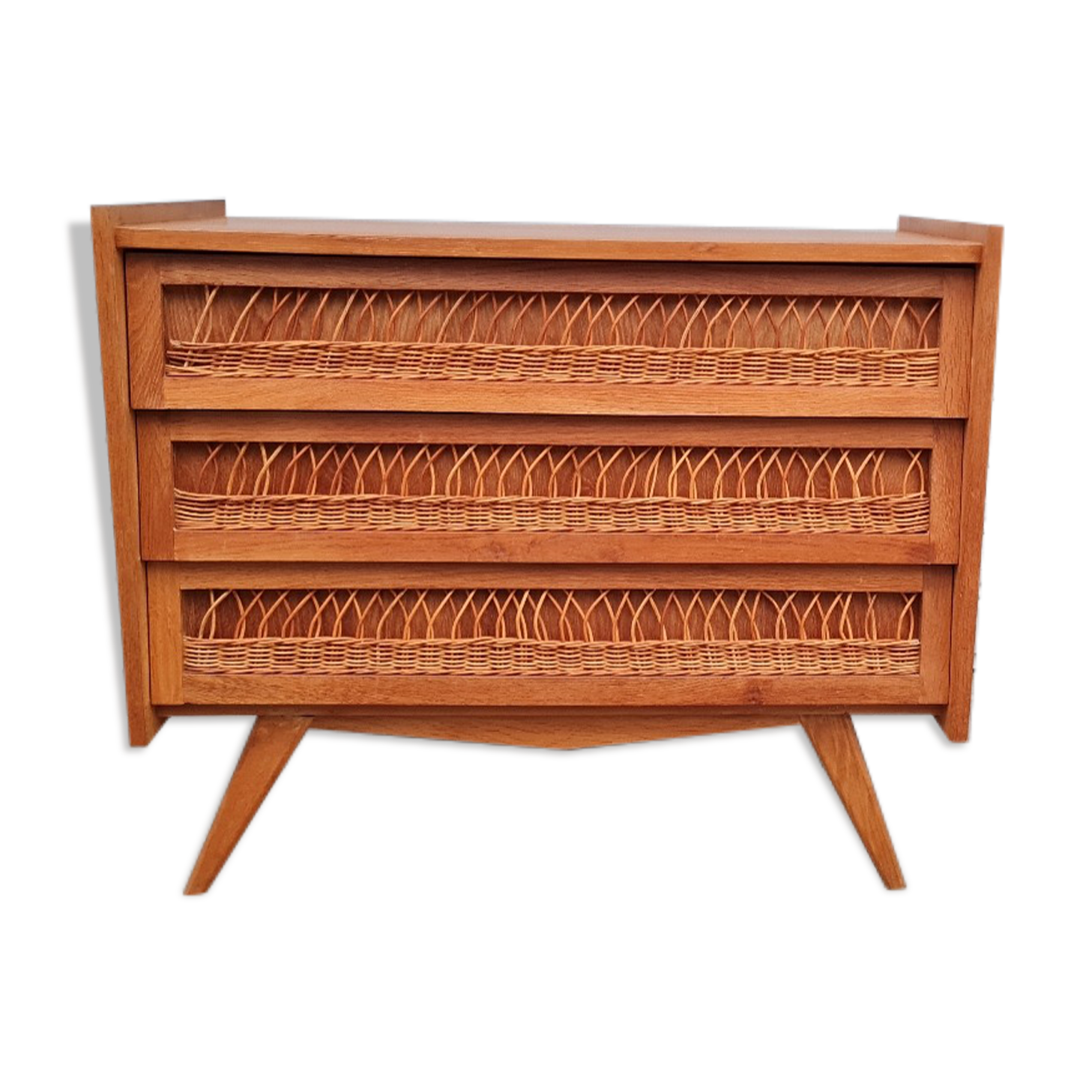 Commode vintage pied compas et rotin