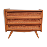 Commode vintage pied compas et rotin