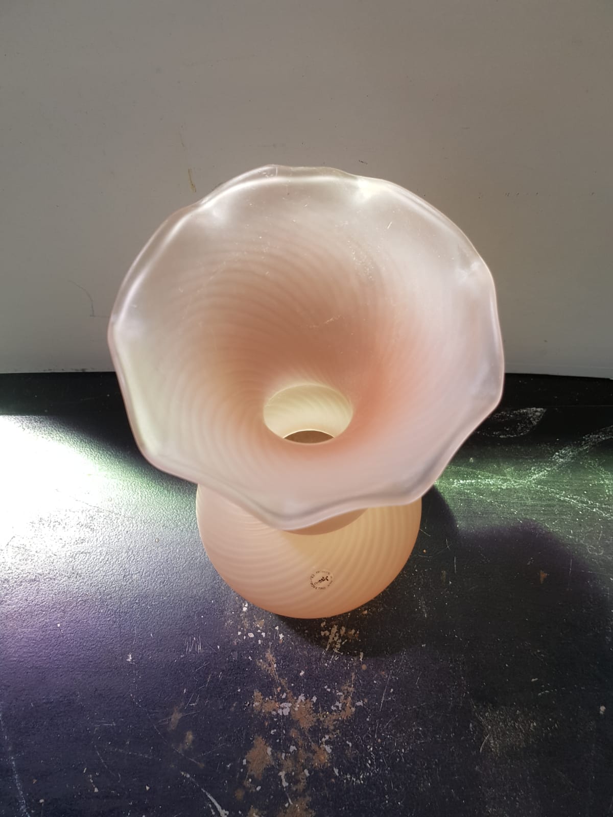 Old centrovetro vase pink opaline glass corolla neck made in Italy vintage
