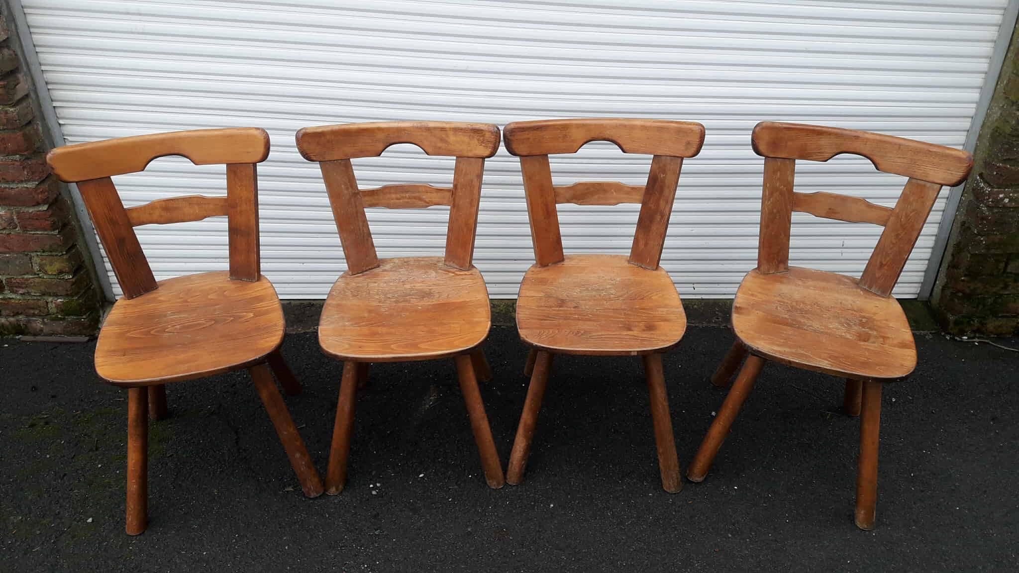 Set of 4 antique Tilburg solid wood brutalist chairs