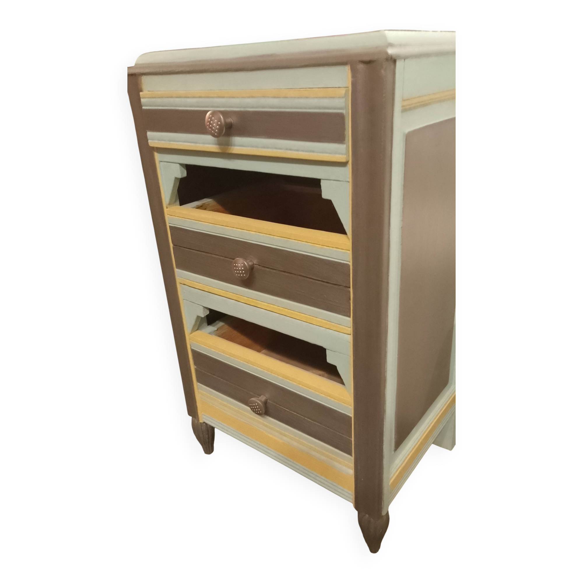 Meuble d appoint, commode 3 tiroirs, en bois, rénovée vintage